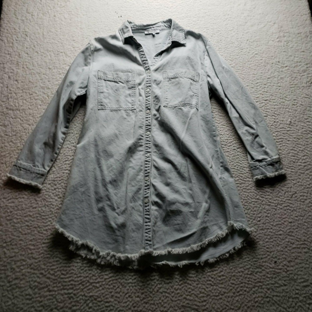 Cezele Shirt Dress Womens Large Blue Denim Long Sleeve Button Front Fringe